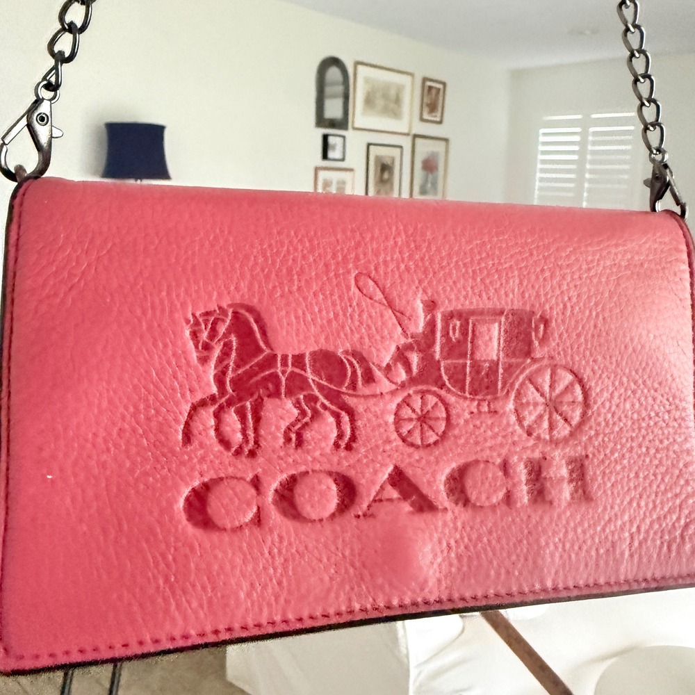 Coach Deep Pink Anna Foldover Pebbled Leather Horse & Carriage Crossbody Clutch